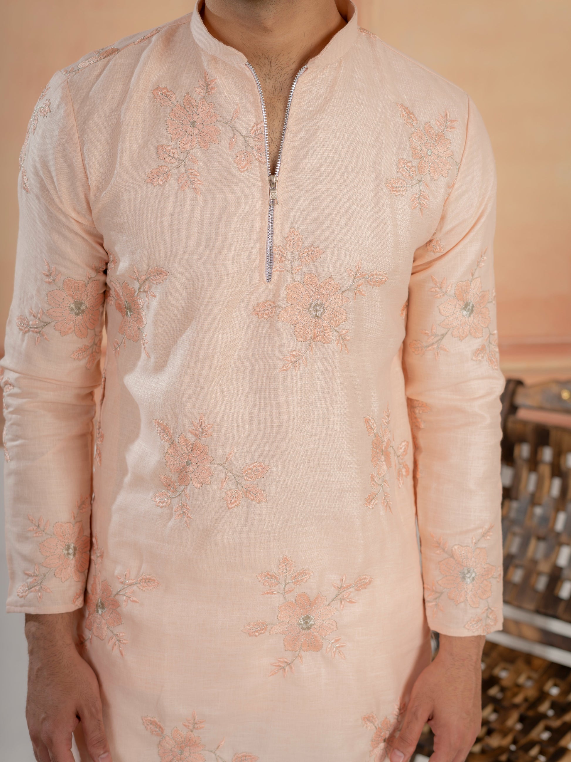 Designer Light Orange Golden Embroidered Work Kurta Set For Festive Wear
