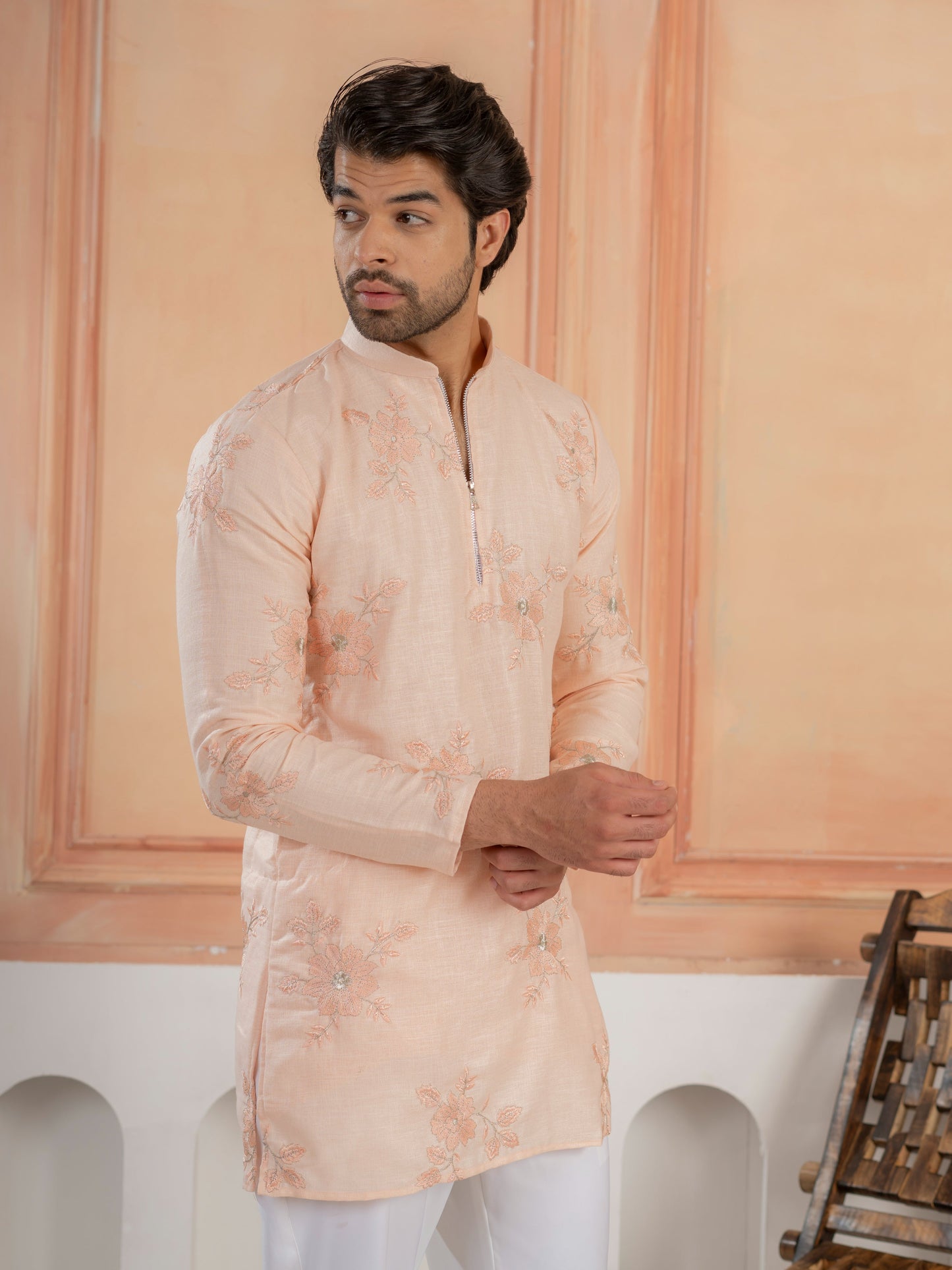 Designer Light Orange Golden Embroidered Work Kurta Set For Festive Wear
