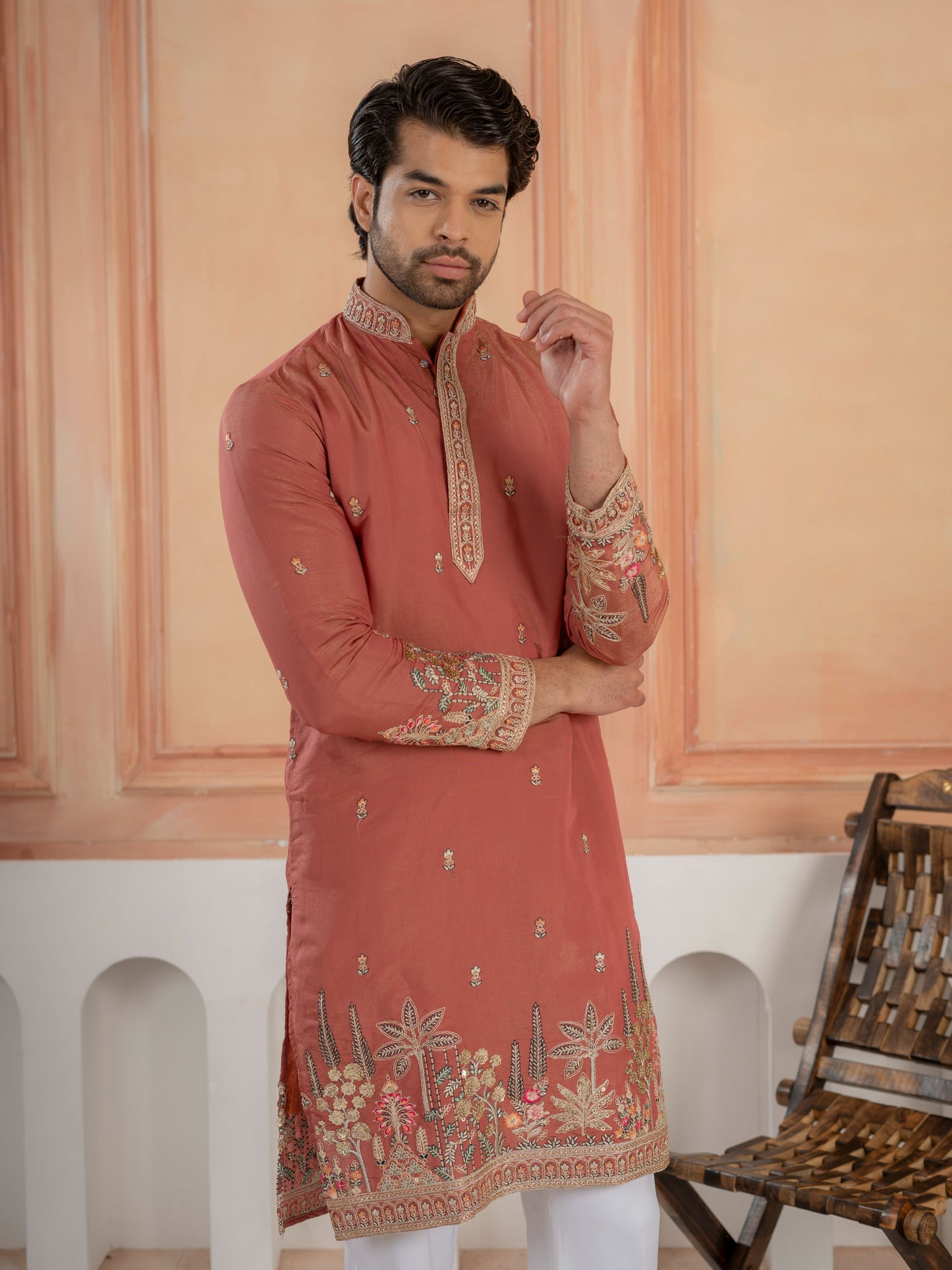 Dusty Orange Roman Shimmer Multi Colour Embroidery Work Kurta Set
