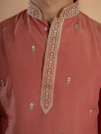 Dusty Orange Roman Shimmer Multi Colour Embroidery Work Kurta Set