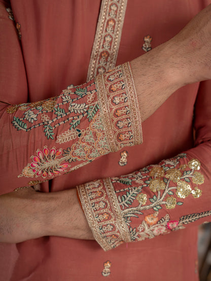Dusty Orange Roman Shimmer Multi Colour Embroidery Work Kurta Set