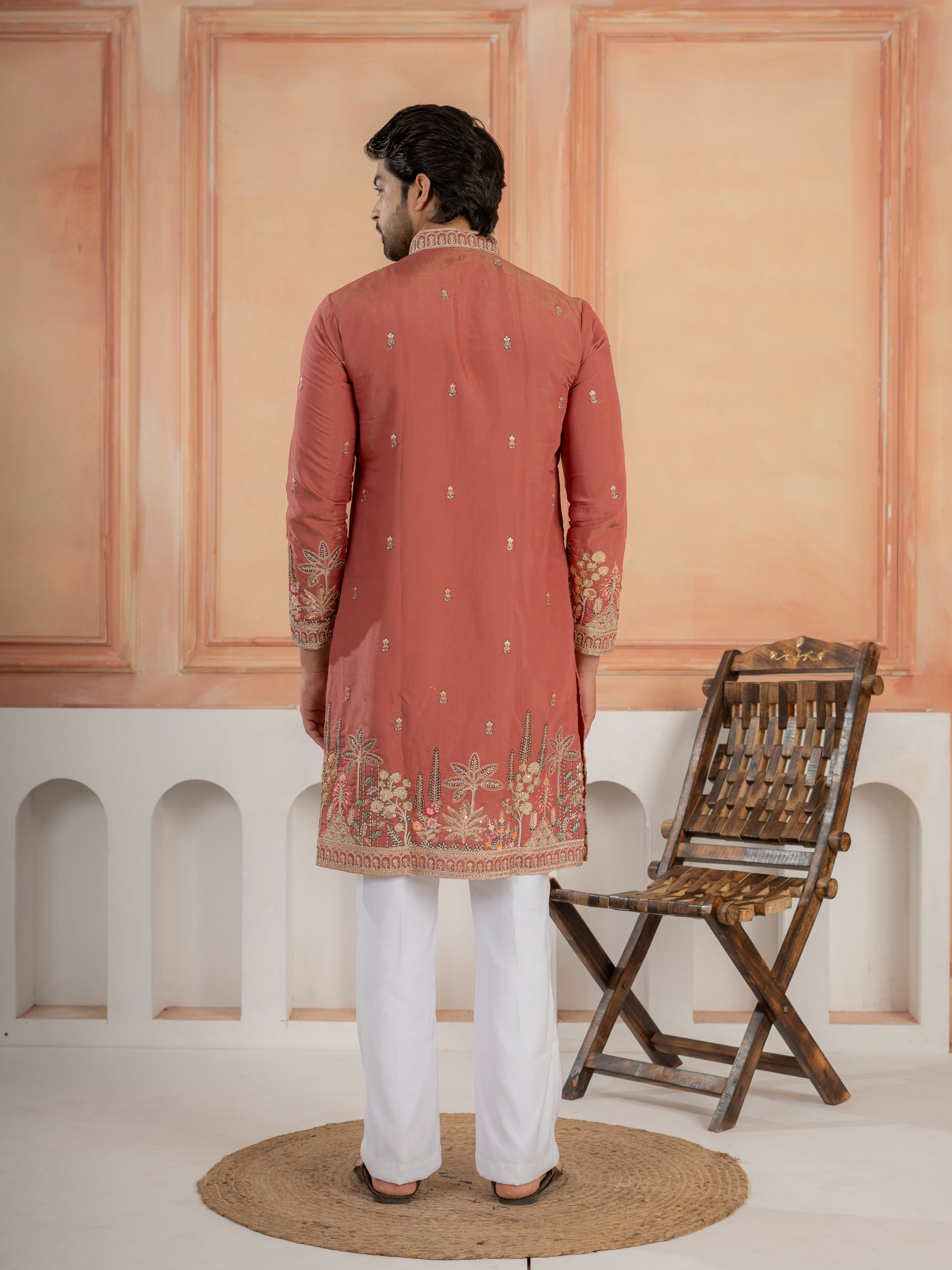 Dusty Orange Roman Shimmer Multi Colour Embroidery Work Kurta Set