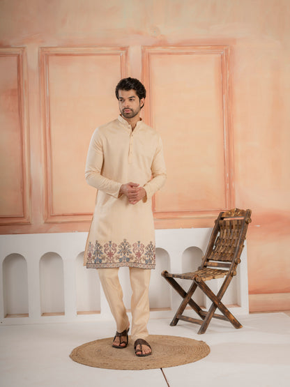 Trendy Beige Wedding Special Koti Kurta Set for Mens Wear