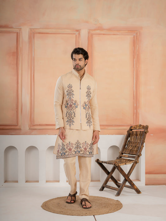Trendy Beige Wedding Special Koti Kurta Set for Mens Wear