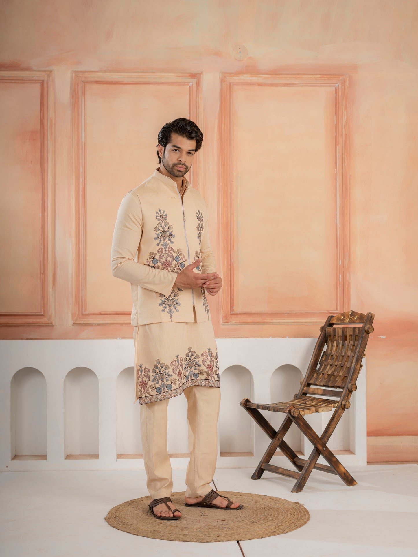 Trendy Beige Wedding Special Koti Kurta Set for Mens Wear