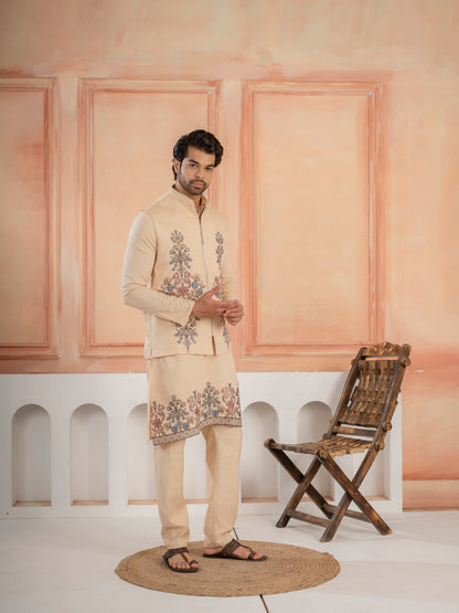 Trendy Beige Wedding Special Koti Kurta Set for Mens Wear