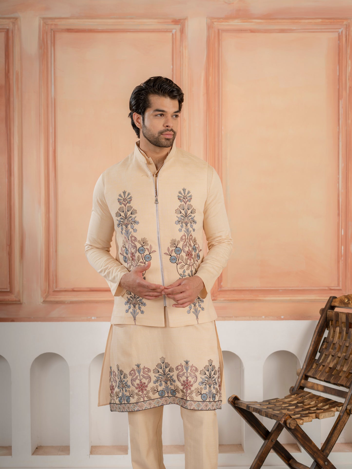 Trendy Beige Wedding Special Koti Kurta Set for Mens Wear