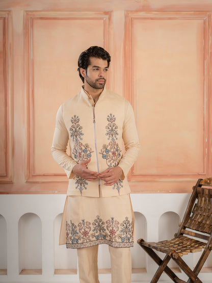 Trendy Beige Wedding Special Koti Kurta Set for Mens Wear