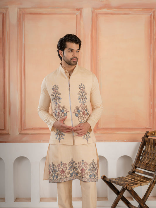 Trendy Beige Wedding Special Koti Kurta Set for Mens Wear