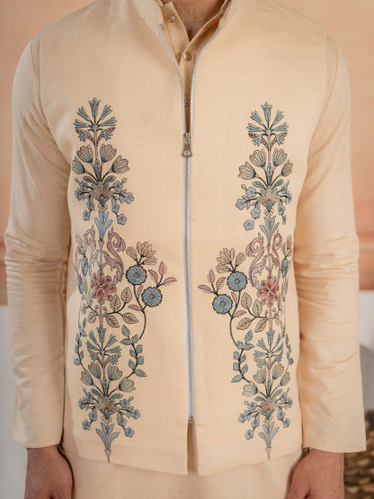 Trendy Beige Wedding Special Koti Kurta Set for Mens Wear