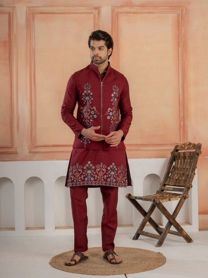 Maroon Color Traditional Special Koti Kurta Set for Men's Wear