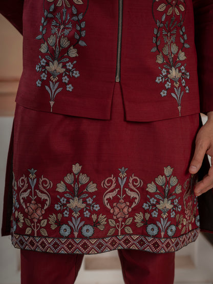 Maroon Color Traditional Special Koti Kurta Set for Men's Wear