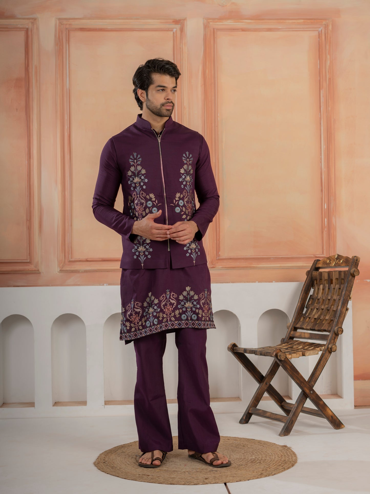 Vibrant Purple Color Koti Kurta Set Pair for Men Collection