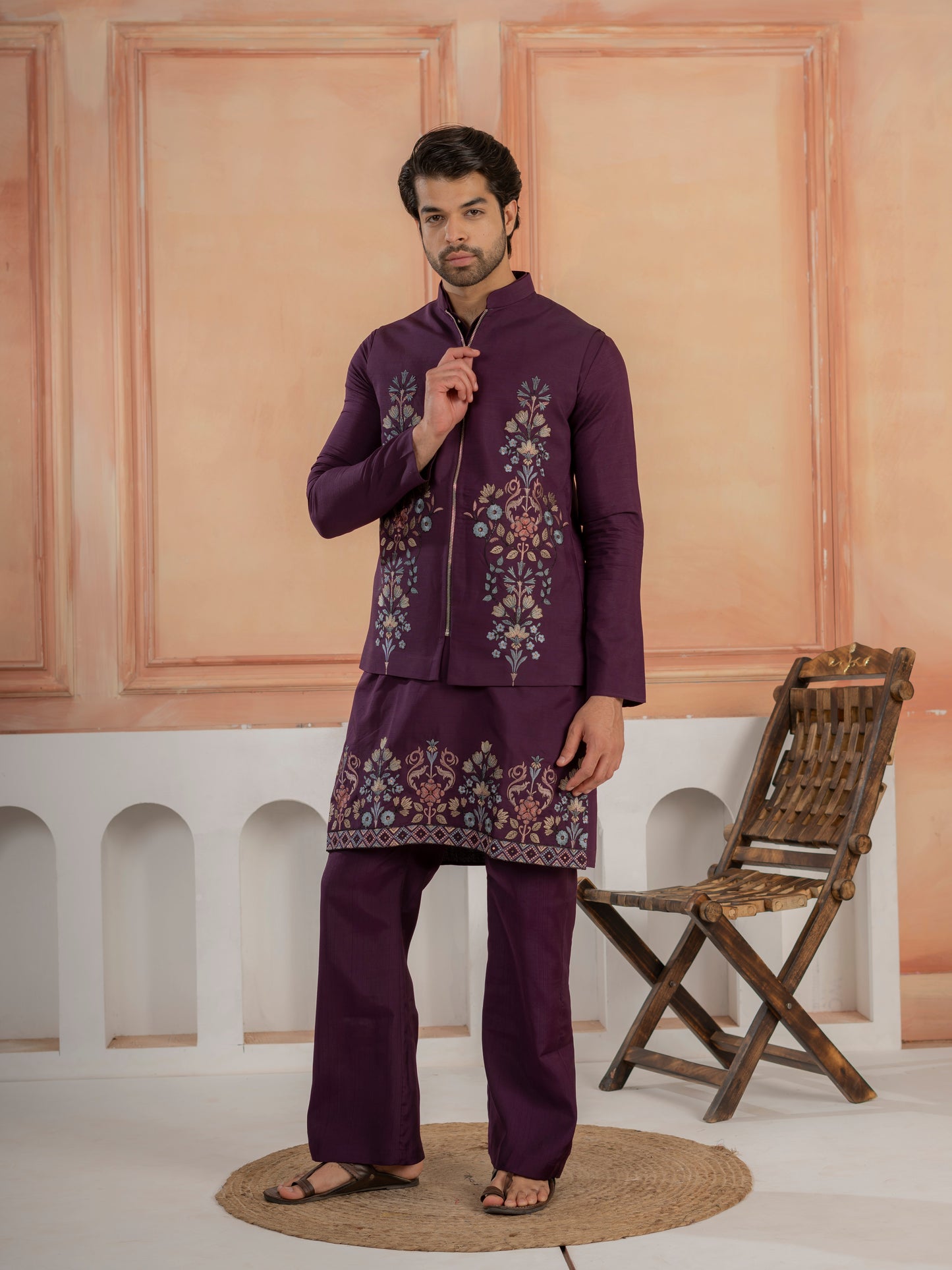 Vibrant Purple Color Koti Kurta Set Pair for Men Collection