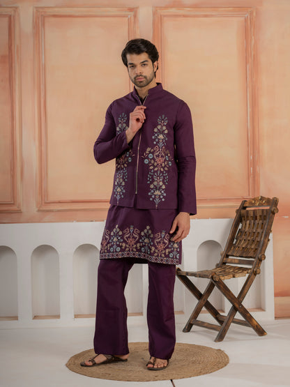 Vibrant Purple Color Koti Kurta Set Pair for Men Collection