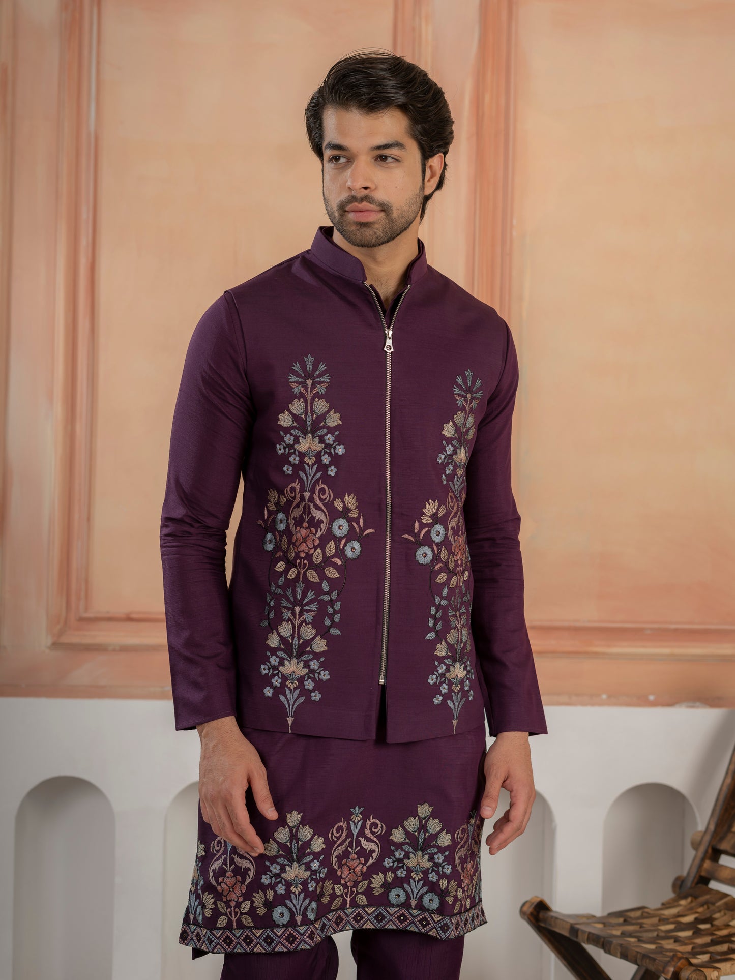 Vibrant Purple Color Koti Kurta Set Pair for Men Collection