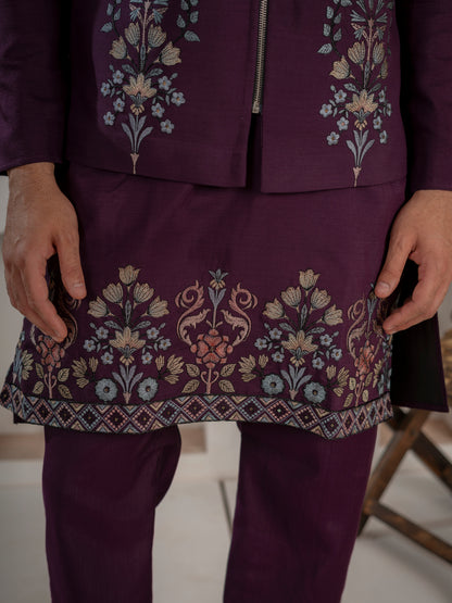 Vibrant Purple Color Koti Kurta Set Pair for Men Collection