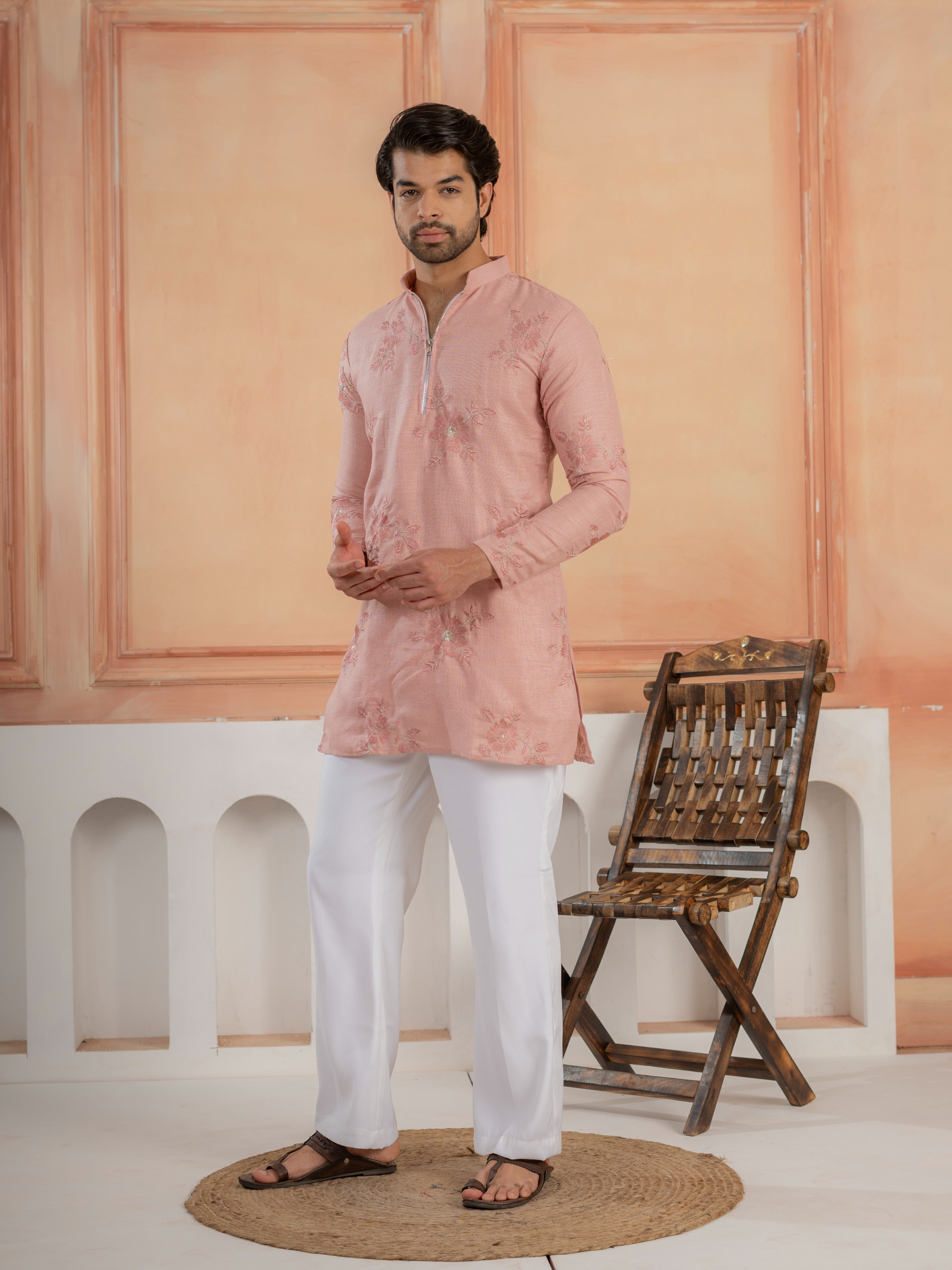 Premium Pink Linen Embroidered Kurta Set For Men