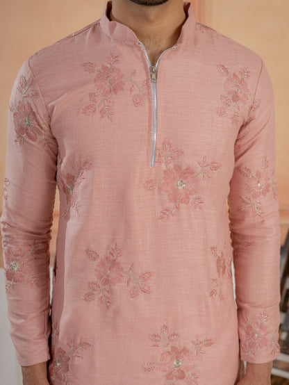 Premium Pink Linen Embroidered Kurta Set For Men
