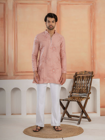 Premium Pink Linen Embroidered Kurta Set For Men
