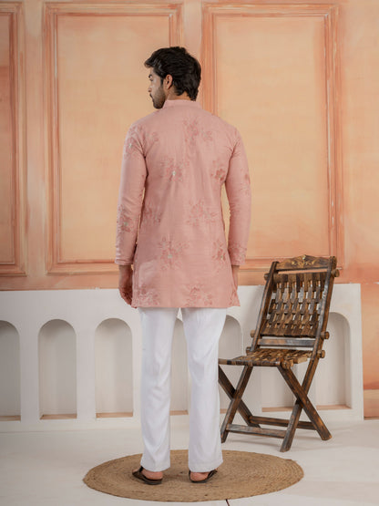 Premium Pink Linen Embroidered Kurta Set For Men
