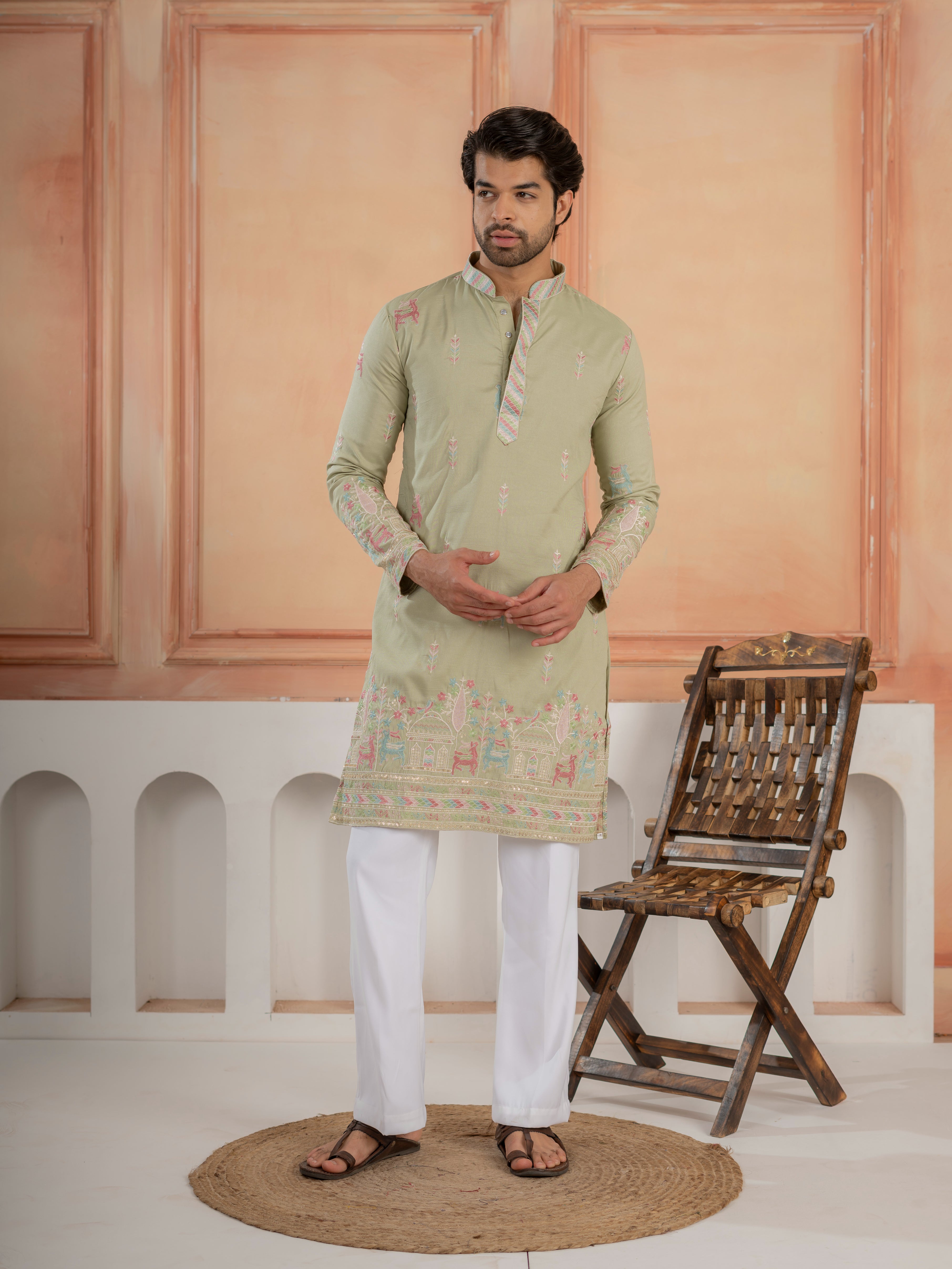 Pista Silk Multi Thread Embroidery Kurta For Ethnic Wear