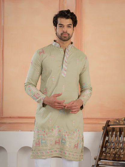 Pista Silk Multi Thread Embroidery Kurta For Ethnic Wear