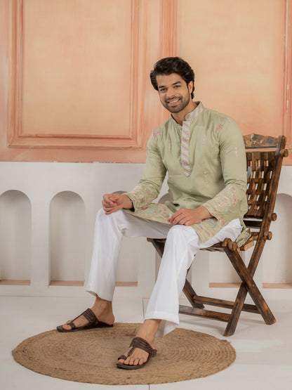 Pista Silk Multi Thread Embroidery Kurta For Ethnic Wear

