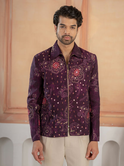 Modern Purple Khadi Silk Thread & Mirror Work Bomber Jacket Pant Set