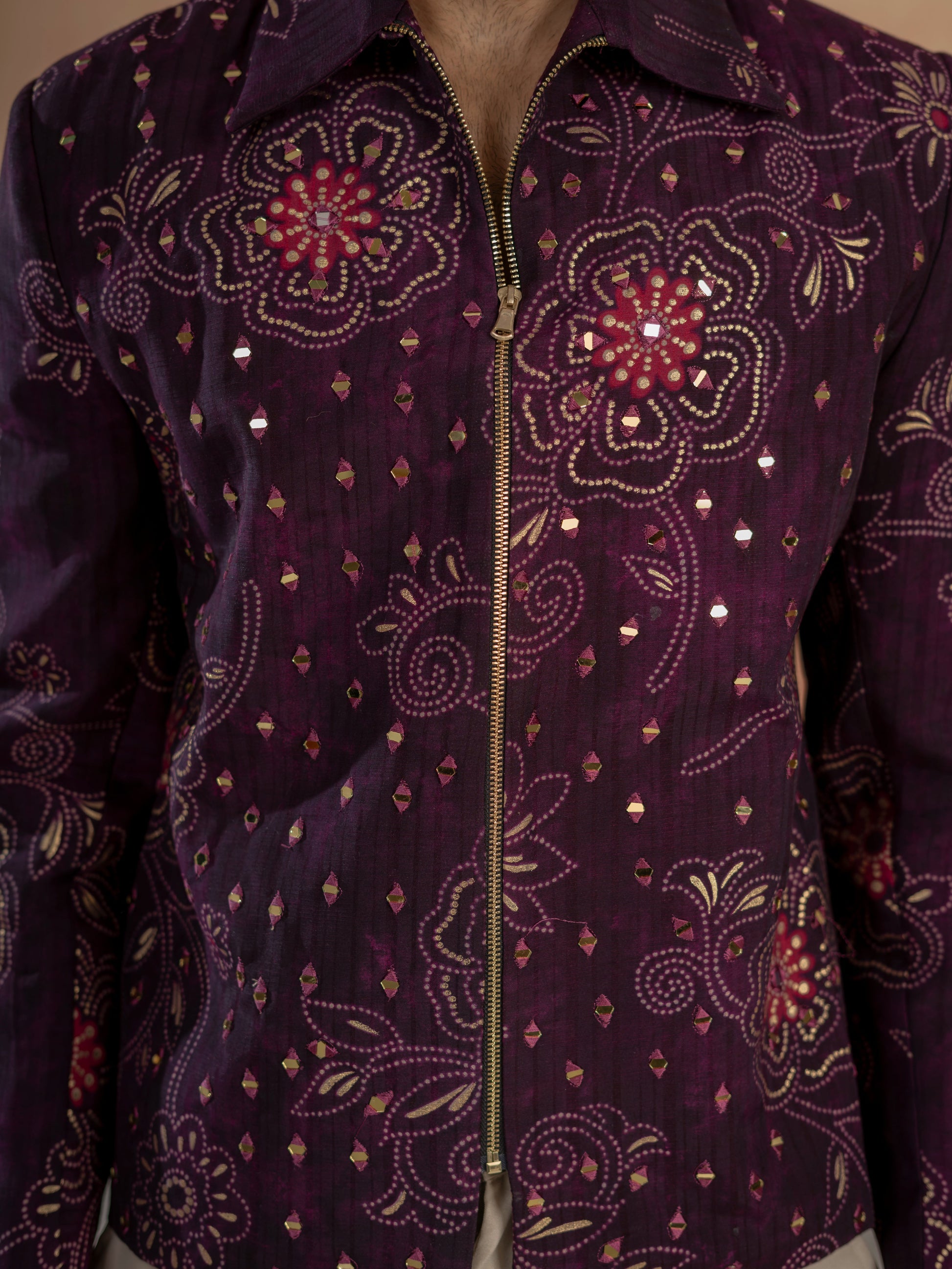 Modern Purple Khadi Silk Thread & Mirror Work Bomber Jacket Pant Set