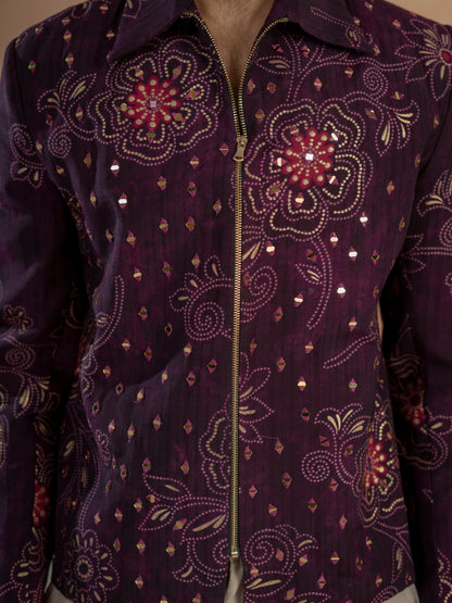 Modern Purple Khadi Silk Thread & Mirror Work Bomber Jacket Pant Set