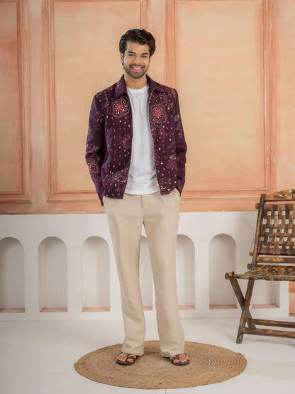 Modern Purple Khadi Silk Thread & Mirror Work Bomber Jacket Pant Set
