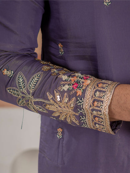 Festive Special Purple Roman Shimmer Embroidery Work Kurta Set
