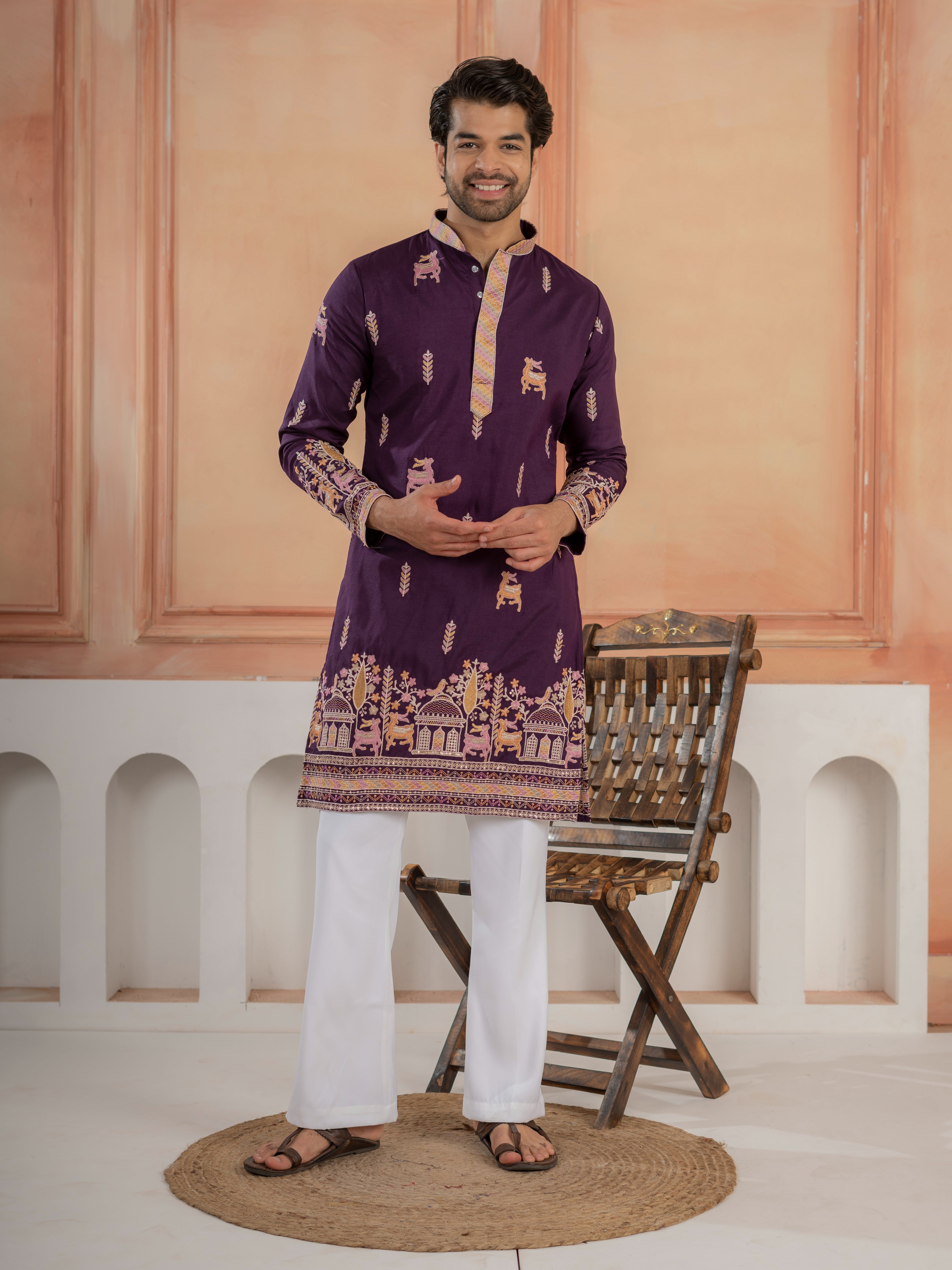 Ethnic Purple Soft Silk Multi Thread Embroidery Kurta Set