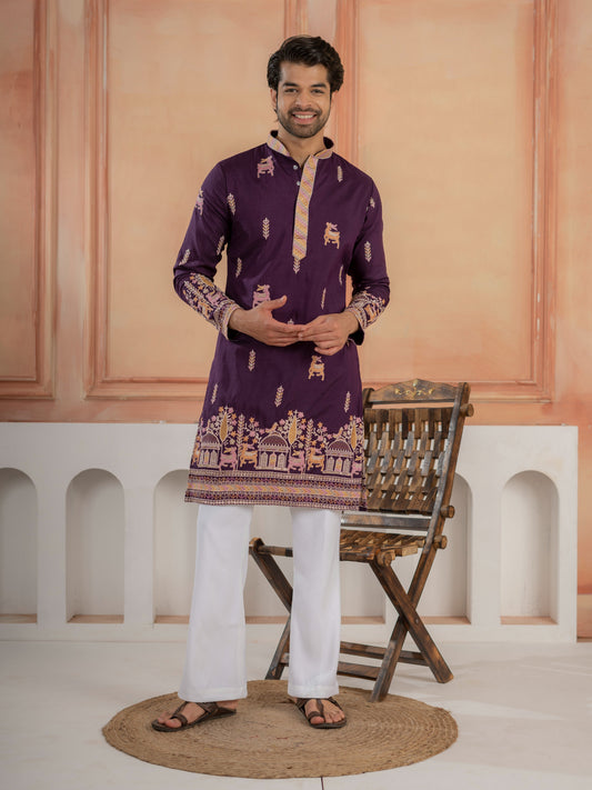 Ethnic Purple Soft Silk Multi Thread Embroidery Kurta Set
