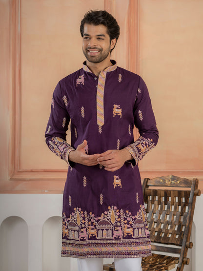 Ethnic Purple Soft Silk Multi Thread Embroidery Kurta Set
