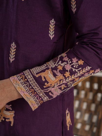 Ethnic Purple Soft Silk Multi Thread Embroidery Kurta Set