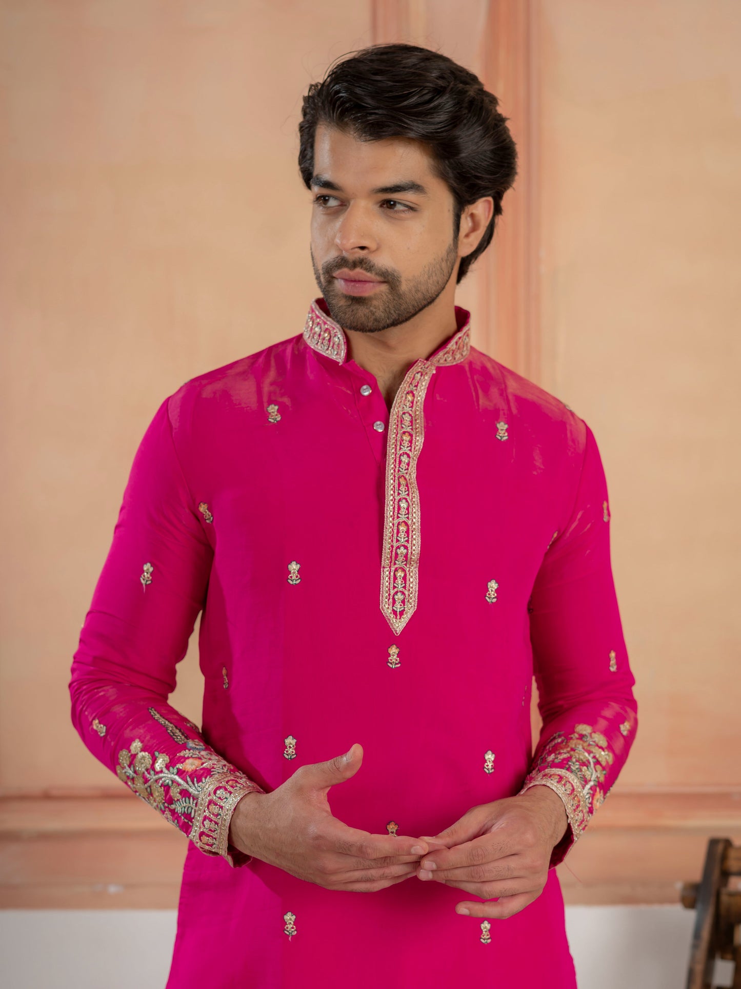 Designer Rani Pink Roman Shimmer Embroidered Kurta Set For Men
