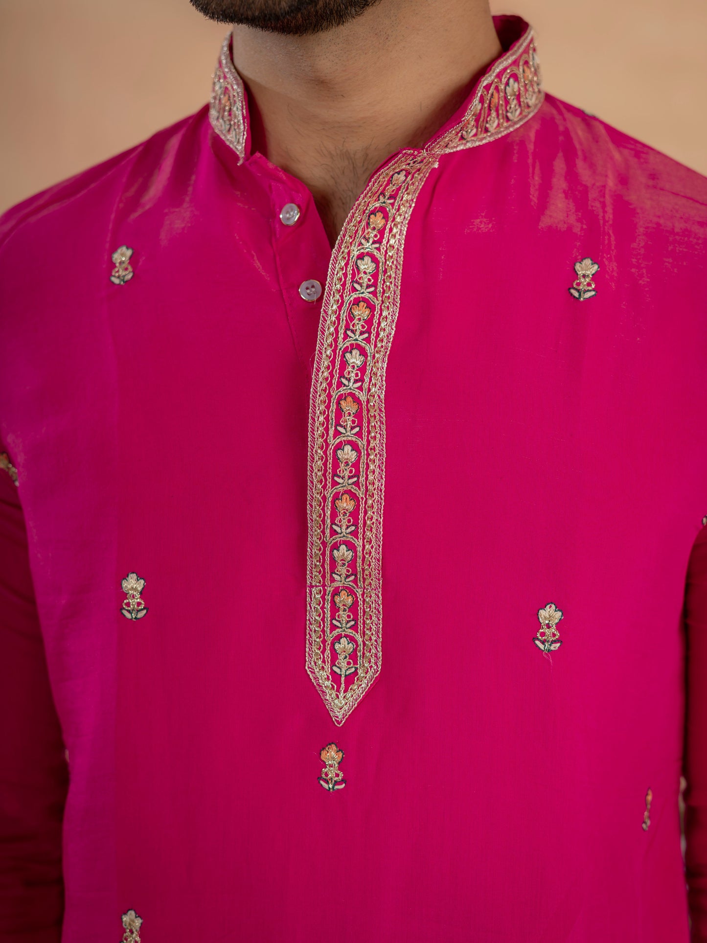 Designer Rani Pink Roman Shimmer Embroidered Kurta Set For Men