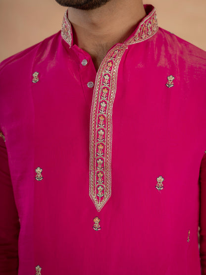 Designer Rani Pink Roman Shimmer Embroidered Kurta Set For Men