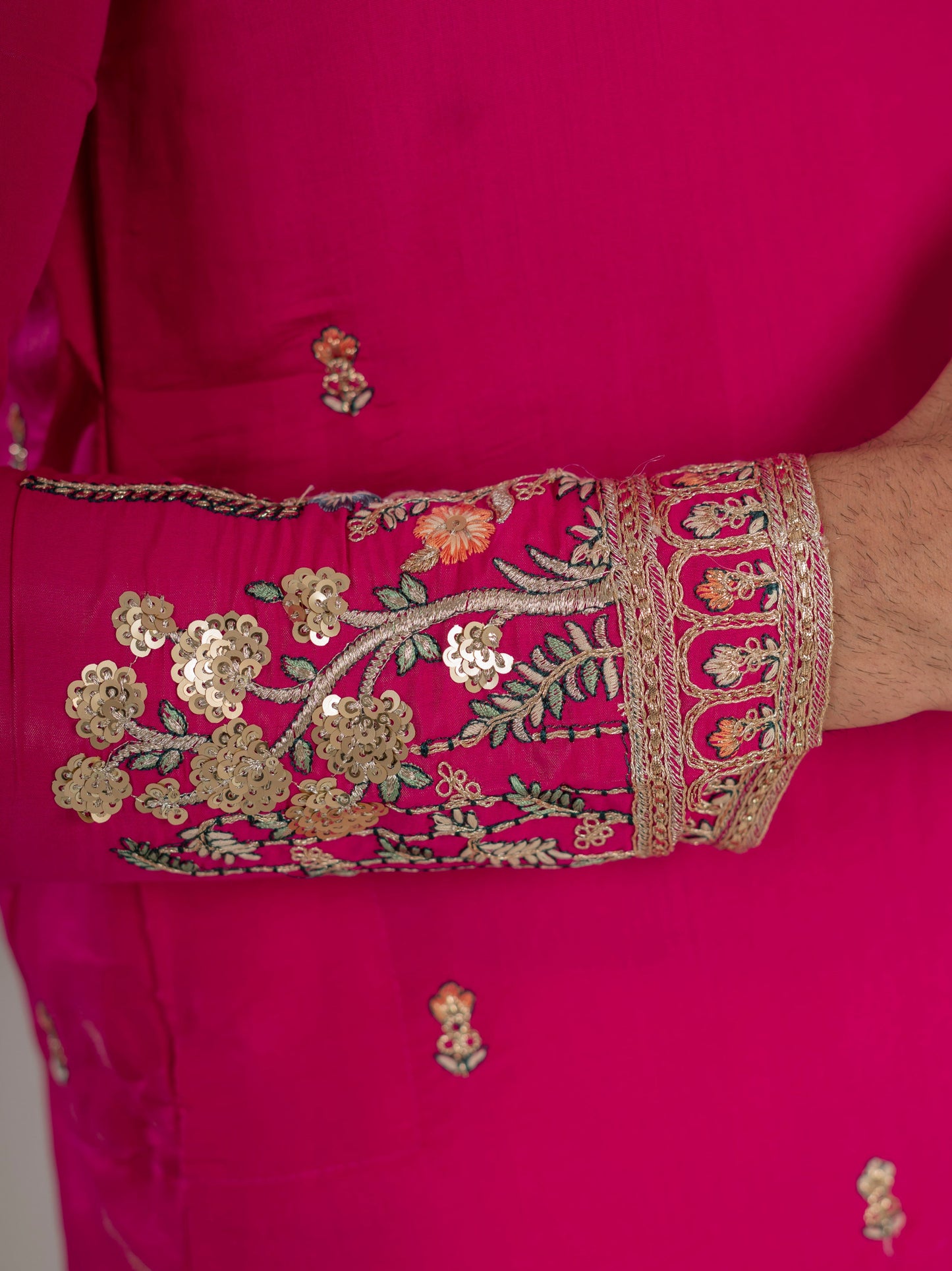 Designer Rani Pink Roman Shimmer Embroidered Kurta Set For Men