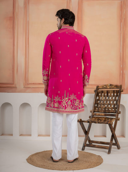 Designer Rani Pink Roman Shimmer Embroidered Kurta Set For Men