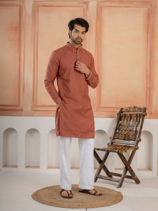 Rust Orange Festive Wear Soft Cotton Val-Moti Butta Work Kurta Set
