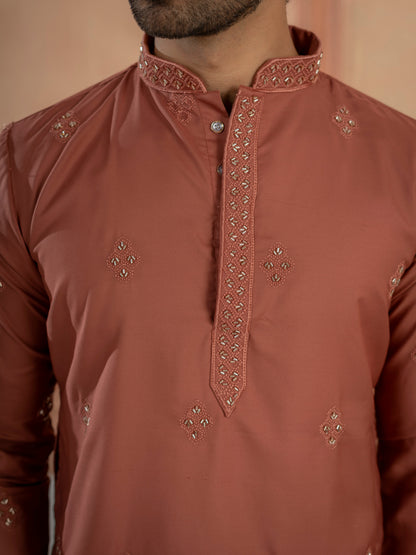 Rust Orange Festive Wear Soft Cotton Val-Moti Butta Work Kurta Set
