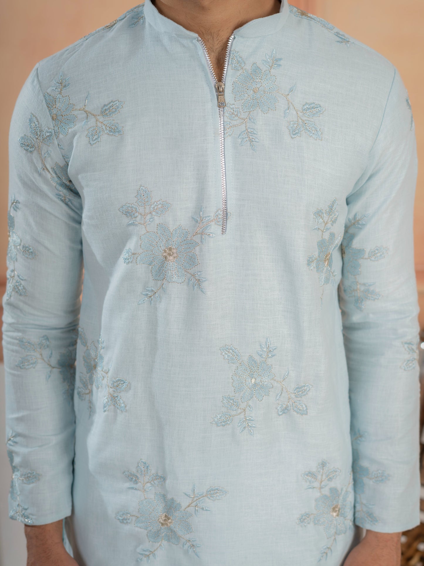 Elegant Sky Pure Linen Golden Embroidered Kurta For Mens