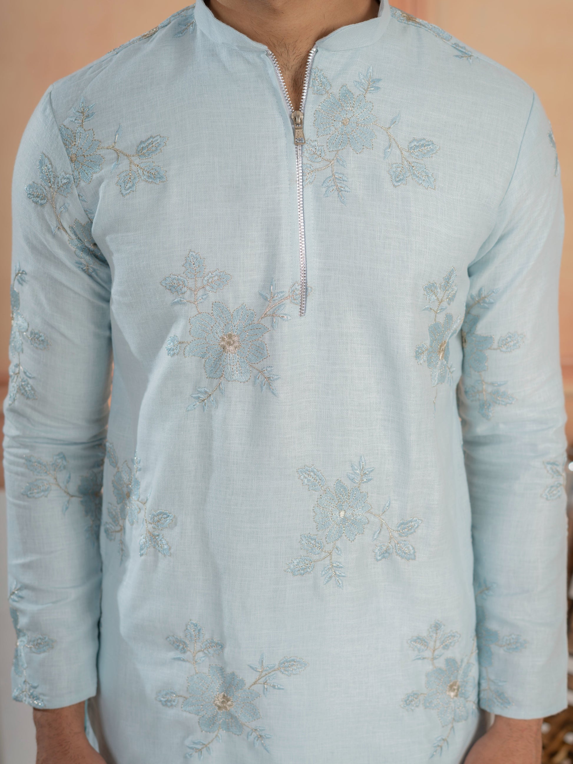 Elegant Sky Pure Linen Golden Embroidered Kurta For Mens