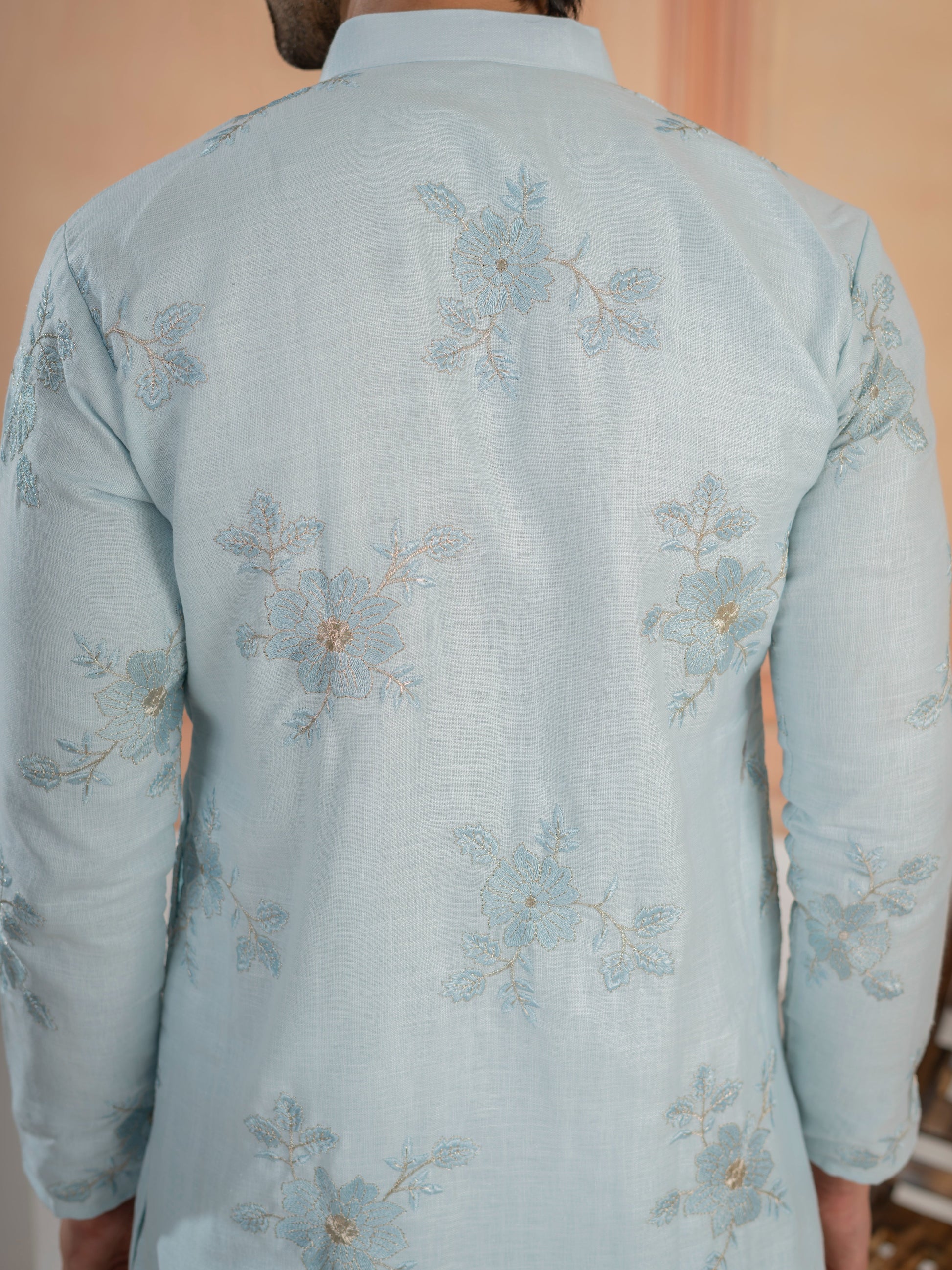 Elegant Sky Pure Linen Golden Embroidered Kurta For Mens