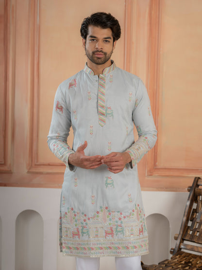 Light Sky Soft Silk Thread Embroidered Mens Kurta Set