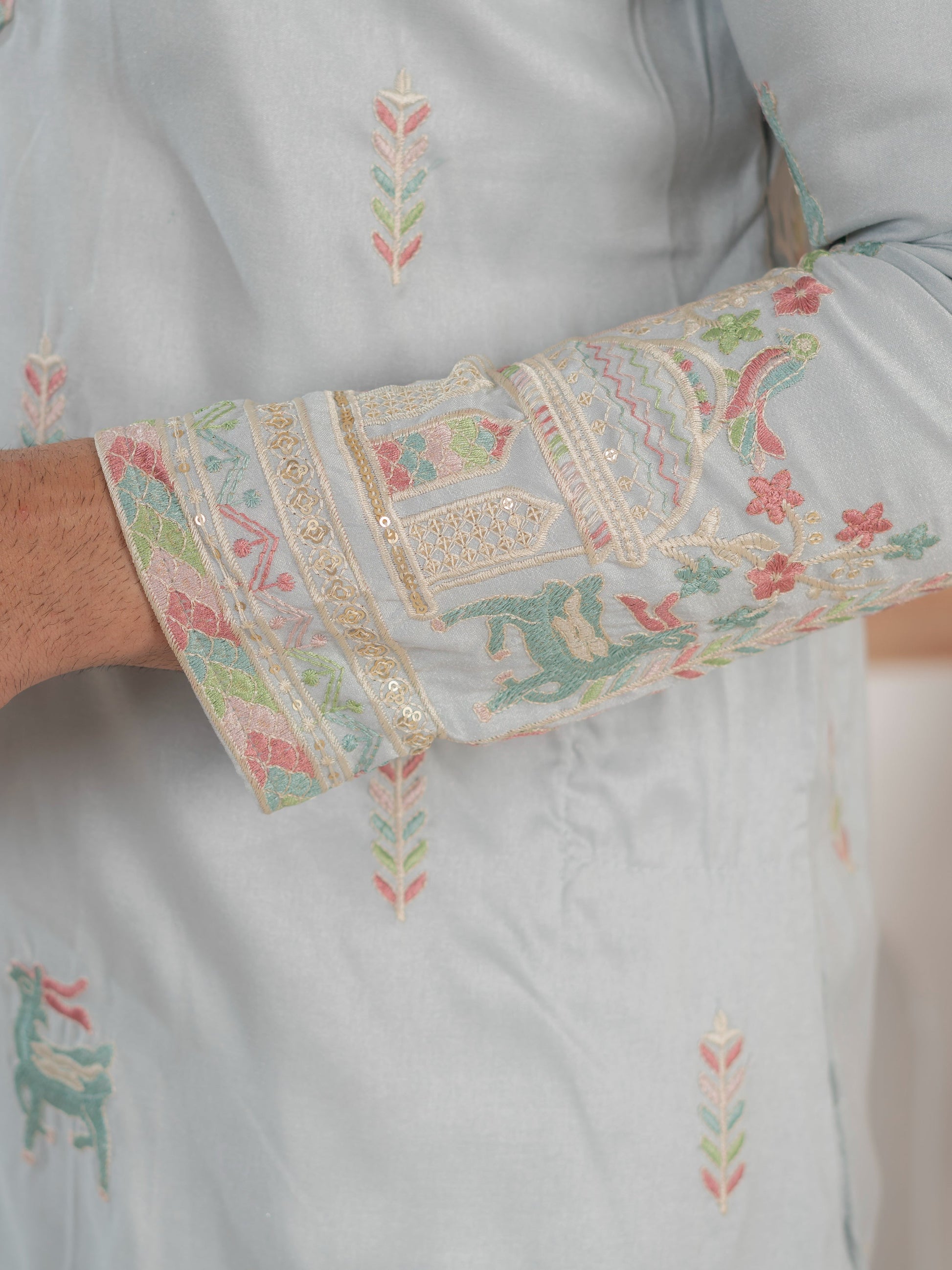 Light Sky Soft Silk Thread Embroidered Mens Kurta Set