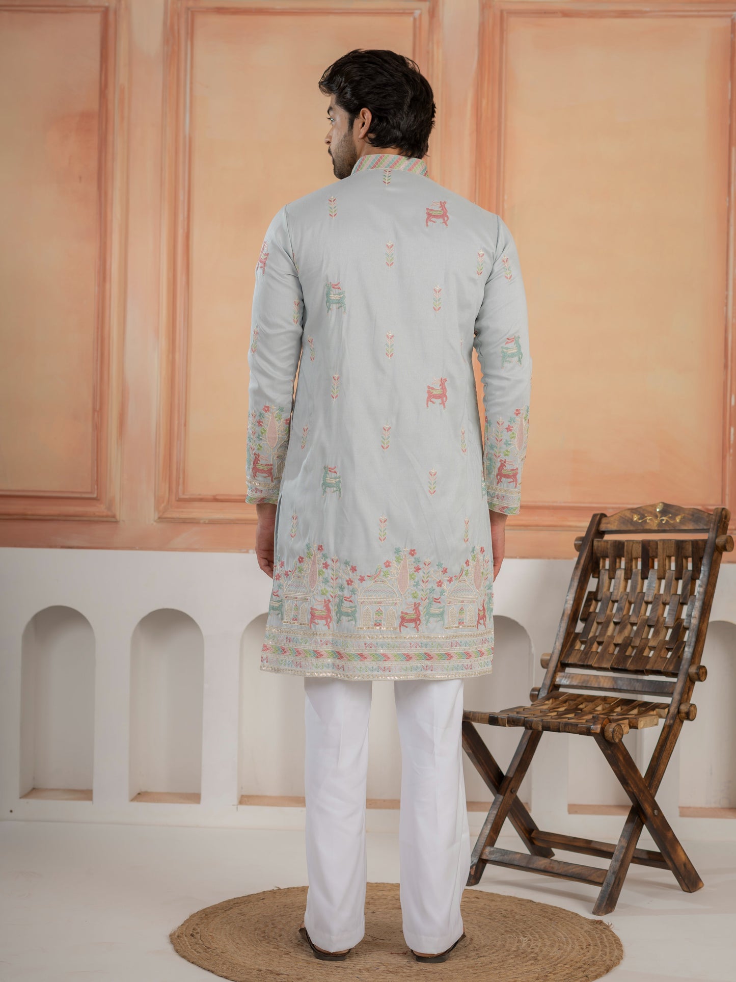Light Sky Soft Silk Thread Embroidered Mens Kurta Set